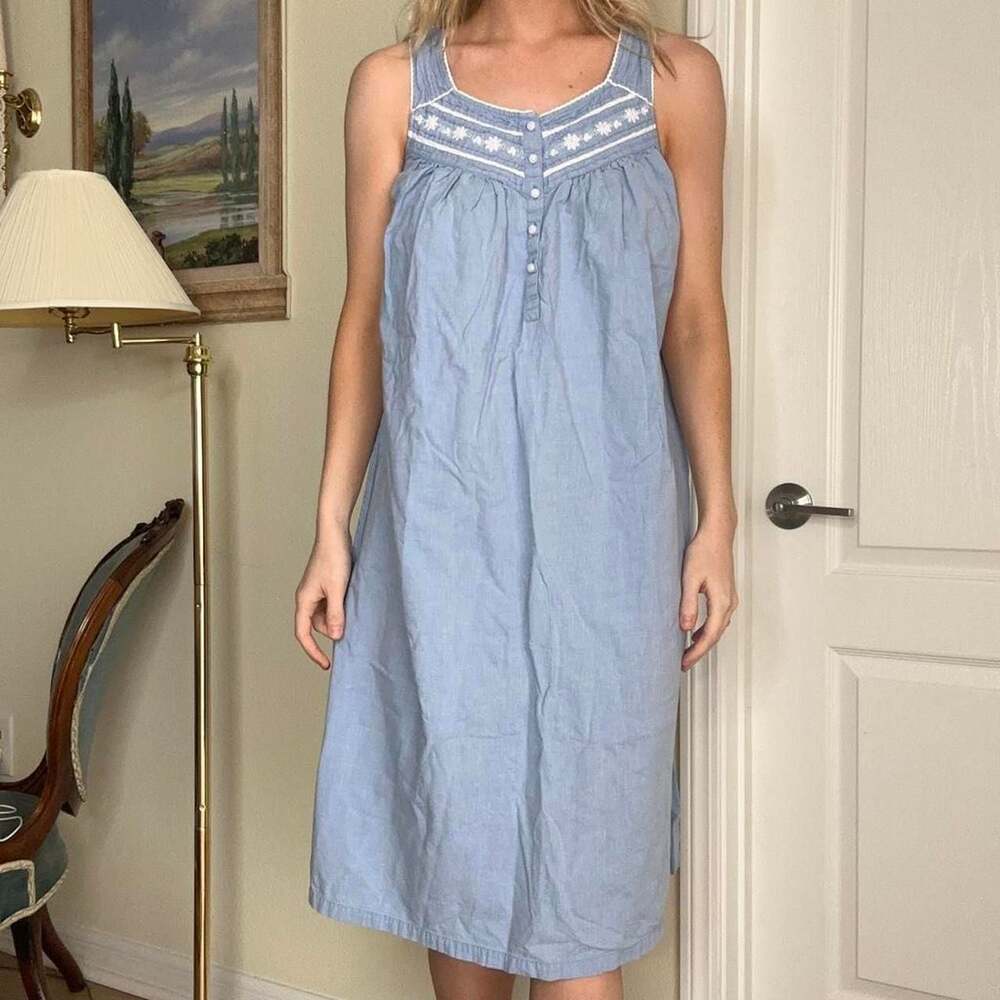Women's Blue Sleeveless Cotton Nightdress with Embroidered Yoke - Picture 5 of 9